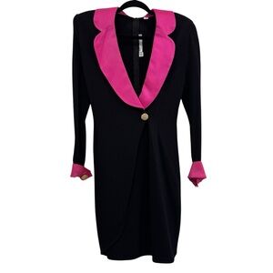 Vintage St. John Santana Knit Faux Wrap Dress Embellished Buttons Satin Collar